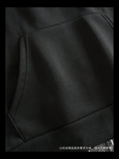 Layered Plaid Sleeve Hoodie – Trendy Streetwear Pullover with Plaid Hood & Pocket