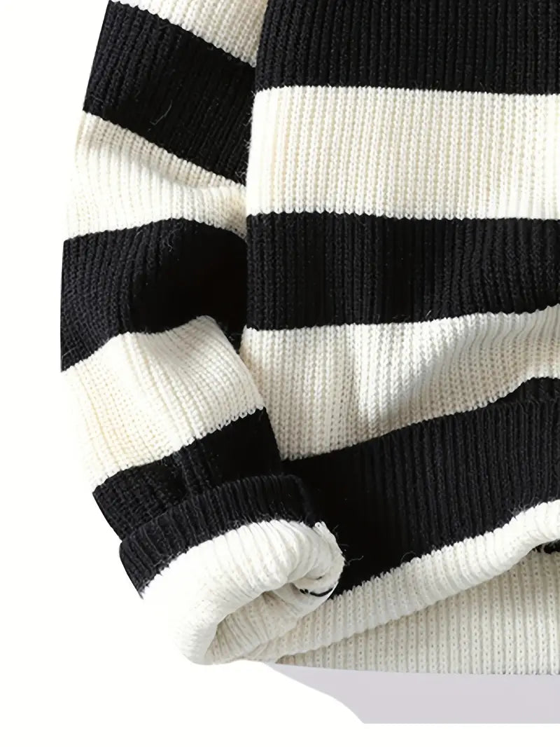 Blue & White Striped Knit Sweater – Soft Winter Warm Casual Pullover with Embroidered “M” Patch