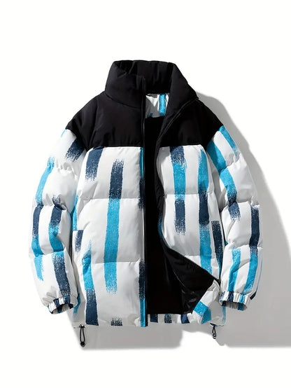 Printed Winter Puffer Jacket – Thick Warm Abstract Pattern Coat with High Collar