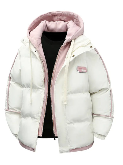 Pink & Cream Layered Hood Winter Puffer Jacket – Thick Warm Insulated Streetwear Coat