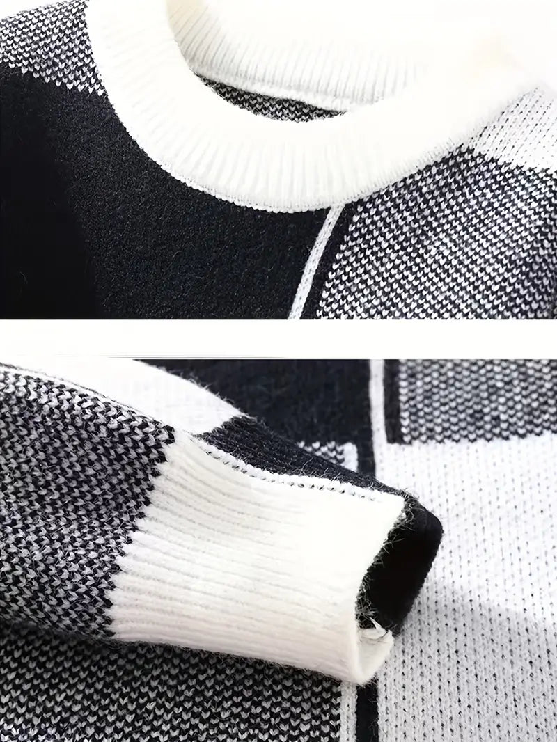 Black & White Geometric Knit Sweater – Color-Block Winter Warm Casual Pullover