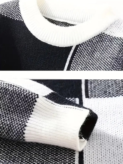 Black & White Geometric Knit Sweater – Color-Block Winter Warm Casual Pullover