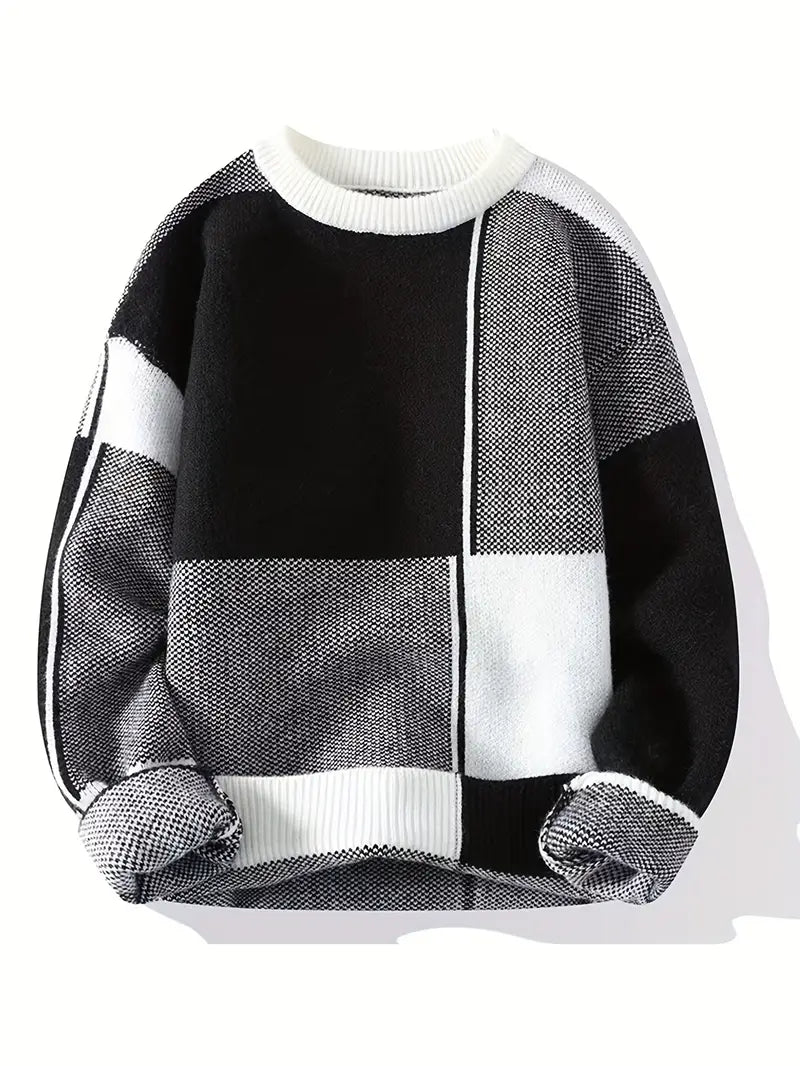 Black & White Geometric Knit Sweater – Color-Block Winter Warm Casual Pullover