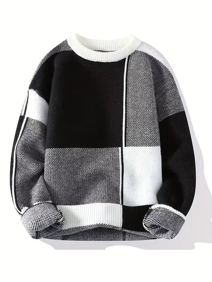 Black & White Geometric Knit Sweater – Color-Block Winter Warm Casual Pullover