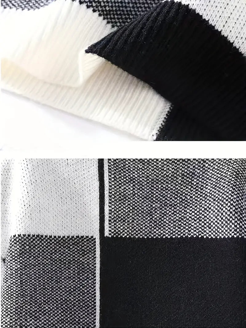 Black & White Geometric Knit Sweater – Color-Block Winter Warm Casual Pullover