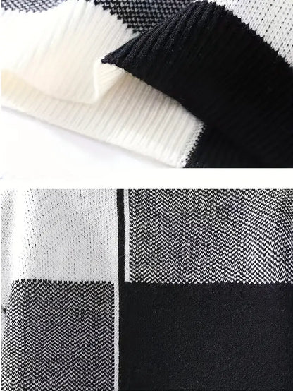 Black & White Geometric Knit Sweater – Color-Block Winter Warm Casual Pullover