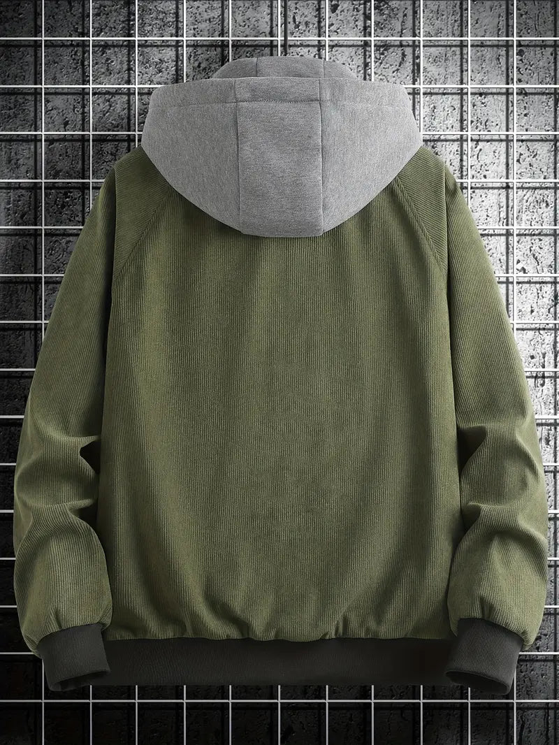 Active Hooded Corduroy Varsity Jacket – Casual Streetwear Letterman Coat with Embroidered Patch Design