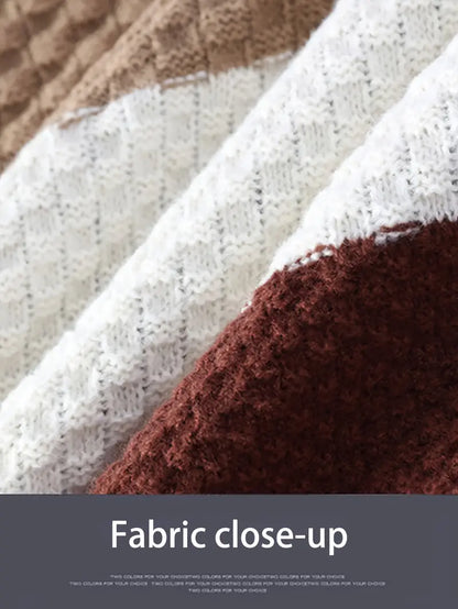 Patchwork Colorblock Chunky Knit Sweater – Thick Winter Warm Textured Pullover