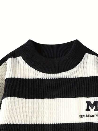 Blue & White Striped Knit Sweater – Soft Winter Warm Casual Pullover with Embroidered “M” Patch