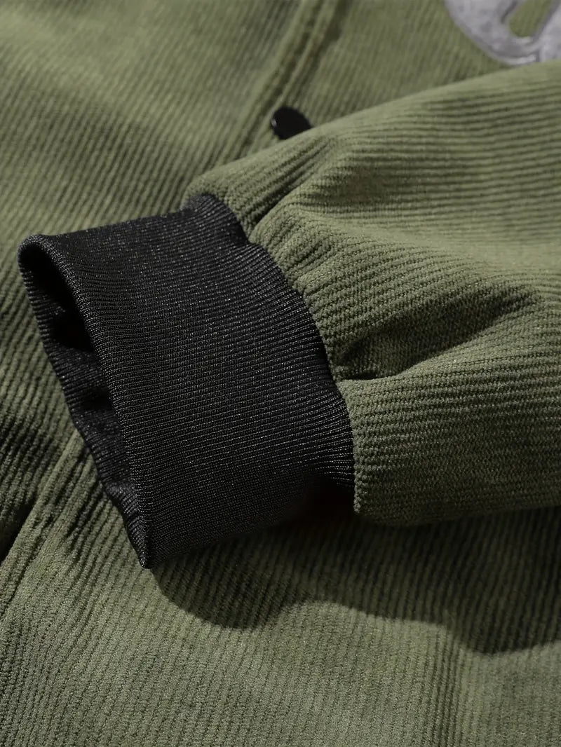 Active Hooded Corduroy Varsity Jacket – Casual Streetwear Letterman Coat with Embroidered Patch Design