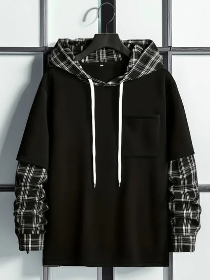 Layered Plaid Sleeve Hoodie – Trendy Streetwear Pullover with Plaid Hood & Pocket