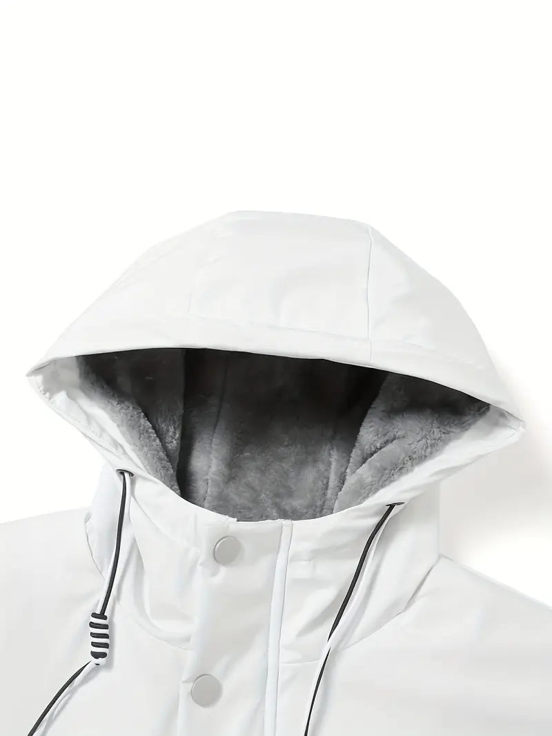 Black Fleece-Lined Winter Jacket – Waterproof Windproof Thermal Hooded Outdoor Coat