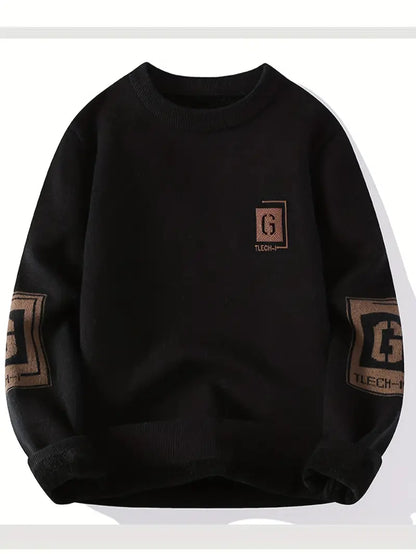 Winter Warm Fleece-Lined Sweatshirt – Casual Round Neck Pullover with Printed Patch Design