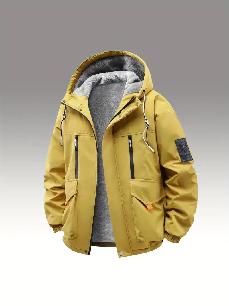 Black Fleece-Lined Winter Jacket – Waterproof Windproof Thermal Hooded Outdoor Coat