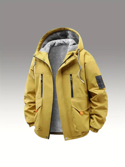 Black Fleece-Lined Winter Jacket – Waterproof Windproof Thermal Hooded Outdoor Coat