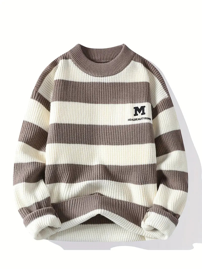 Blue & White Striped Knit Sweater – Soft Winter Warm Casual Pullover with Embroidered “M” Patch