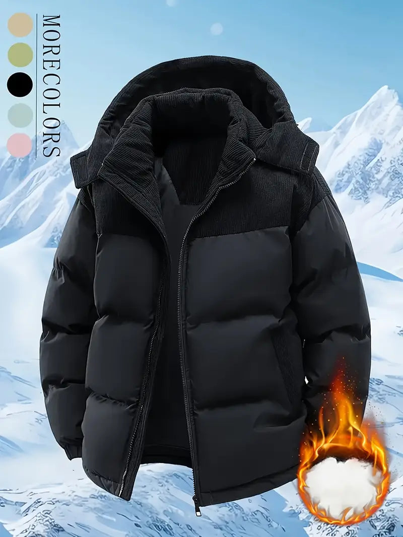 Beige & Brown Corduroy Panel Puffer Jacket – Thick Warm Winter Coat with Hood