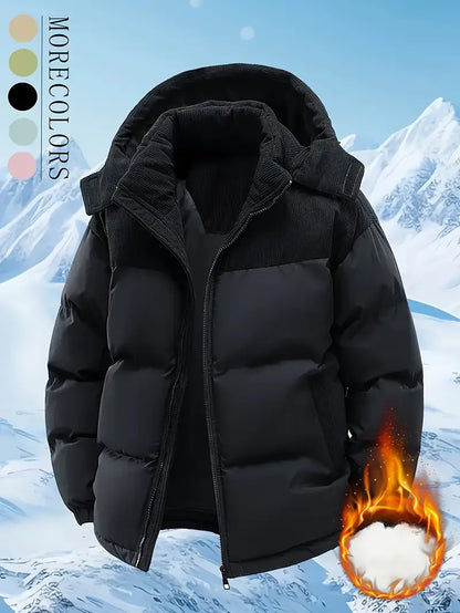 Beige & Brown Corduroy Panel Puffer Jacket – Thick Warm Winter Coat with Hood