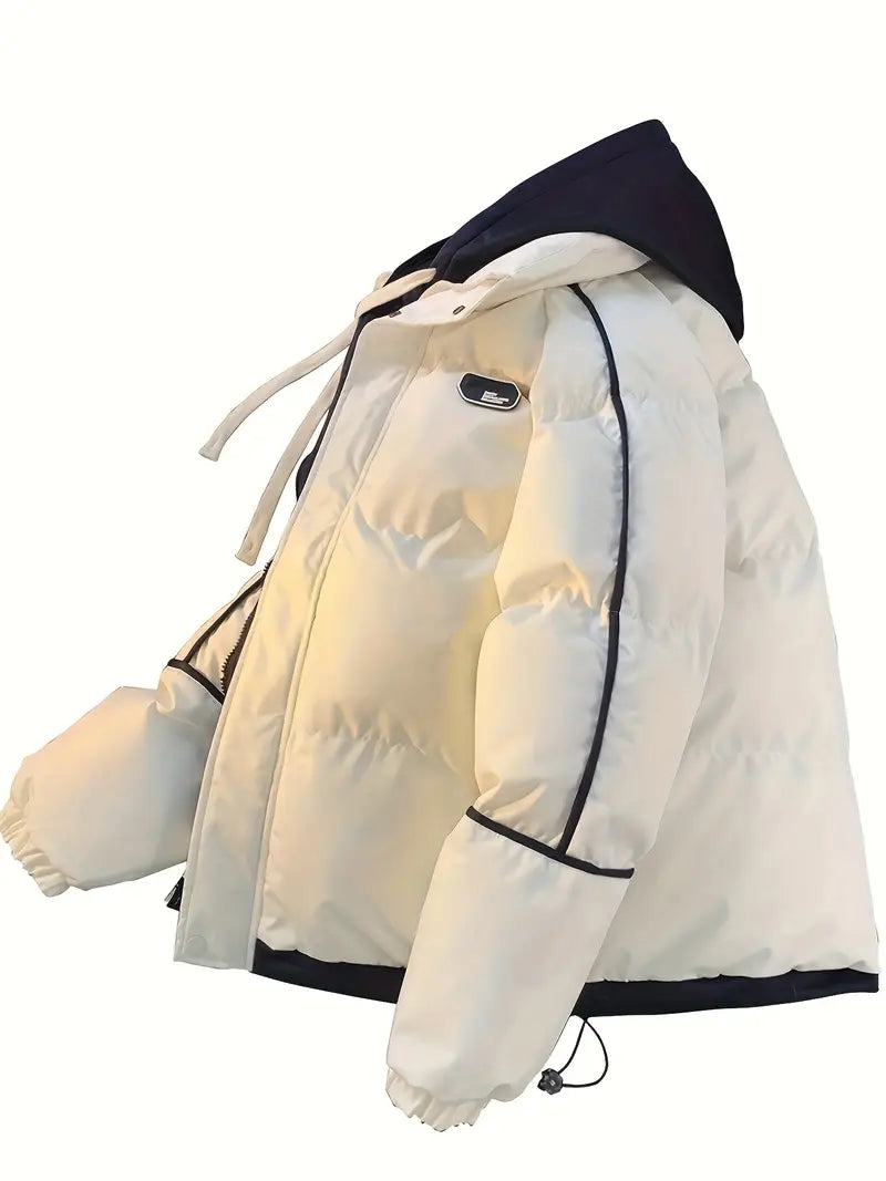 Pink & Cream Layered Hood Winter Puffer Jacket – Thick Warm Insulated Streetwear Coat