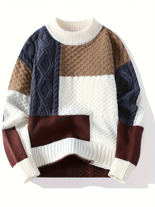 Patchwork Colorblock Chunky Knit Sweater – Thick Winter Warm Textured Pullover