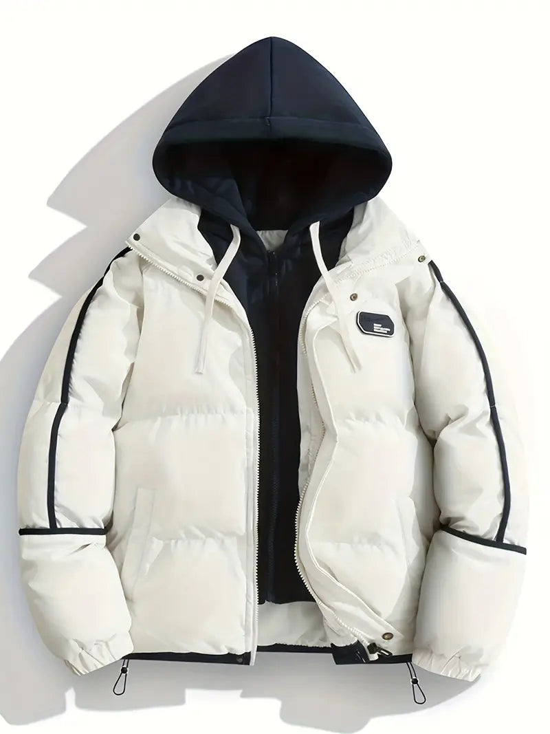Pink & Cream Layered Hood Winter Puffer Jacket – Thick Warm Insulated Streetwear Coat