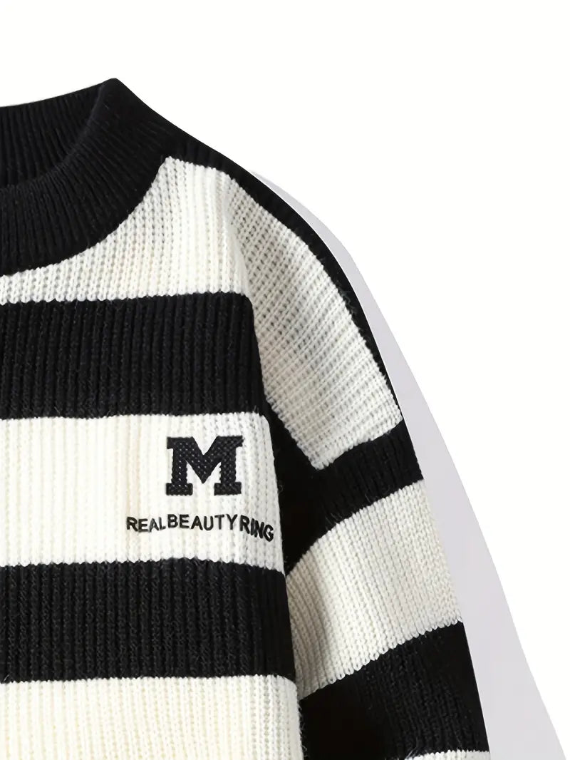 Blue & White Striped Knit Sweater – Soft Winter Warm Casual Pullover with Embroidered “M” Patch