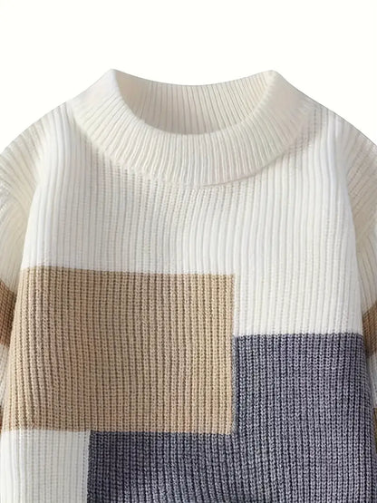Beige & Cream Colorblock Knit Sweater – Soft Winter Warm Geometric Pattern Pullover