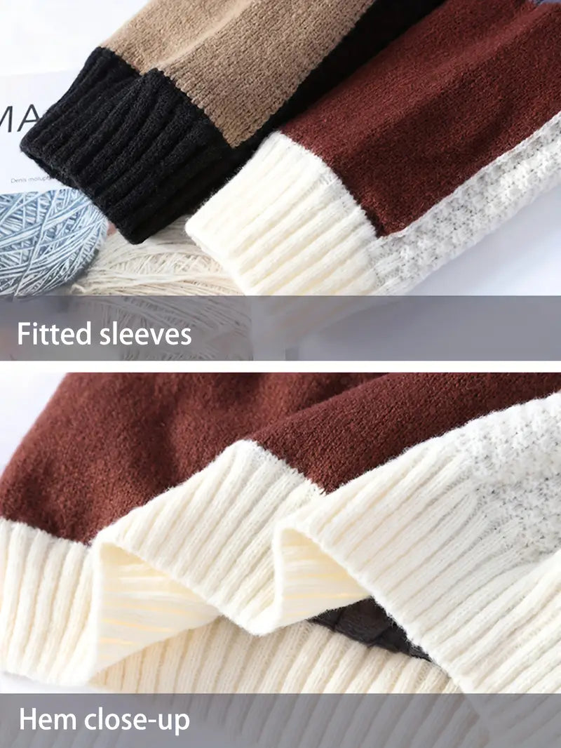 Patchwork Colorblock Chunky Knit Sweater – Thick Winter Warm Textured Pullover