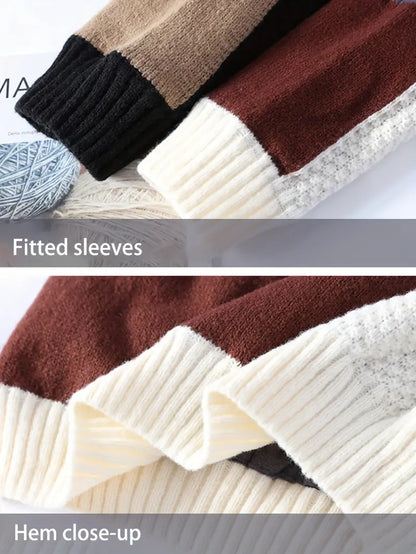 Patchwork Colorblock Chunky Knit Sweater – Thick Winter Warm Textured Pullover