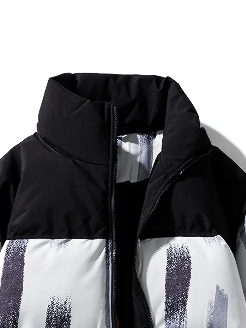 Printed Winter Puffer Jacket – Thick Warm Abstract Pattern Coat with High Collar