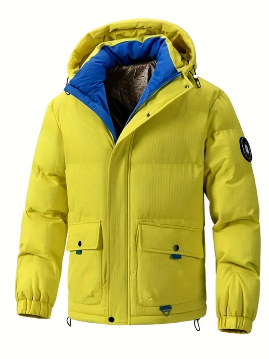Yellow & Blue Winter Puffer Jacket – Waterproof Windproof Thermal Hooded Outdoor Coat