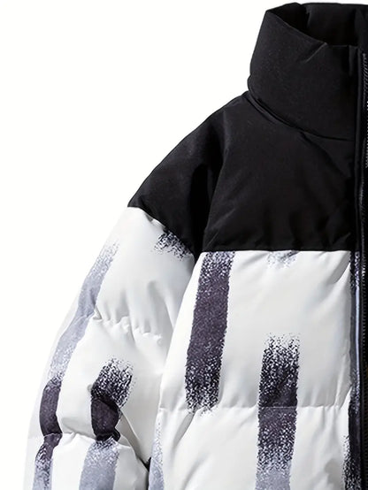 Printed Winter Puffer Jacket – Thick Warm Abstract Pattern Coat with High Collar