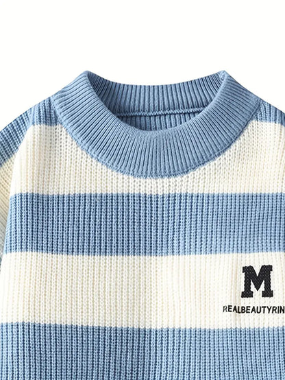 Blue & White Striped Knit Sweater – Soft Winter Warm Casual Pullover with Embroidered “M” Patch