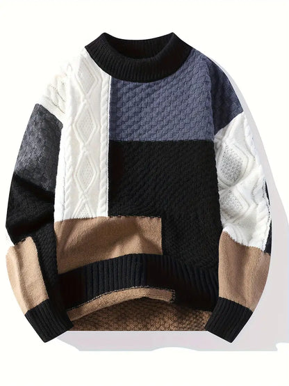 Patchwork Colorblock Chunky Knit Sweater – Thick Winter Warm Textured Pullover