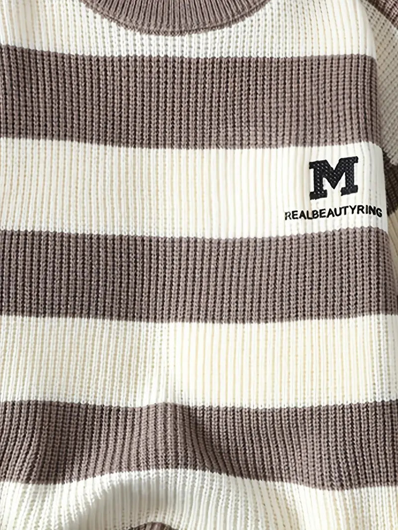 Blue & White Striped Knit Sweater – Soft Winter Warm Casual Pullover with Embroidered “M” Patch