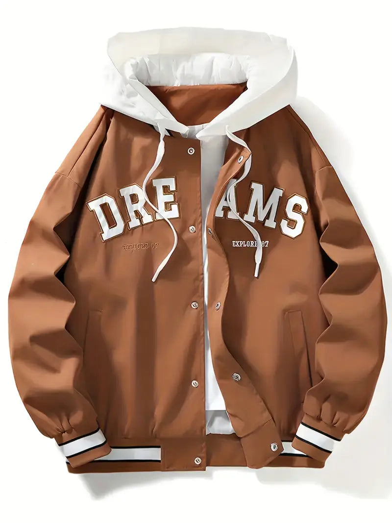 “DREAMS” Hooded Varsity Jacket – Casual Streetwear Letterman Coat with Embroidered Patch Details