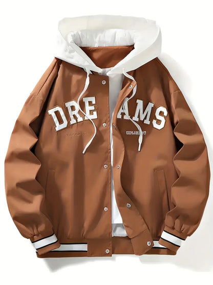 “DREAMS” Hooded Varsity Jacket – Casual Streetwear Letterman Coat with Embroidered Patch Details