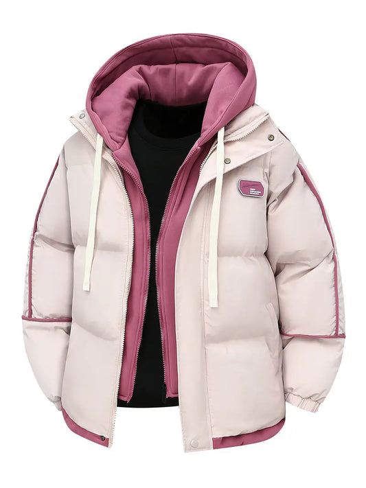 Pink & Cream Layered Hood Winter Puffer Jacket – Thick Warm Insulated Streetwear Coat