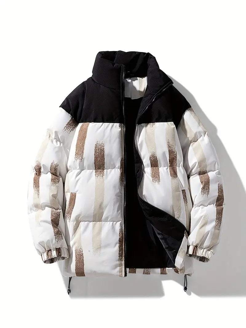 Printed Winter Puffer Jacket – Thick Warm Abstract Pattern Coat with High Collar