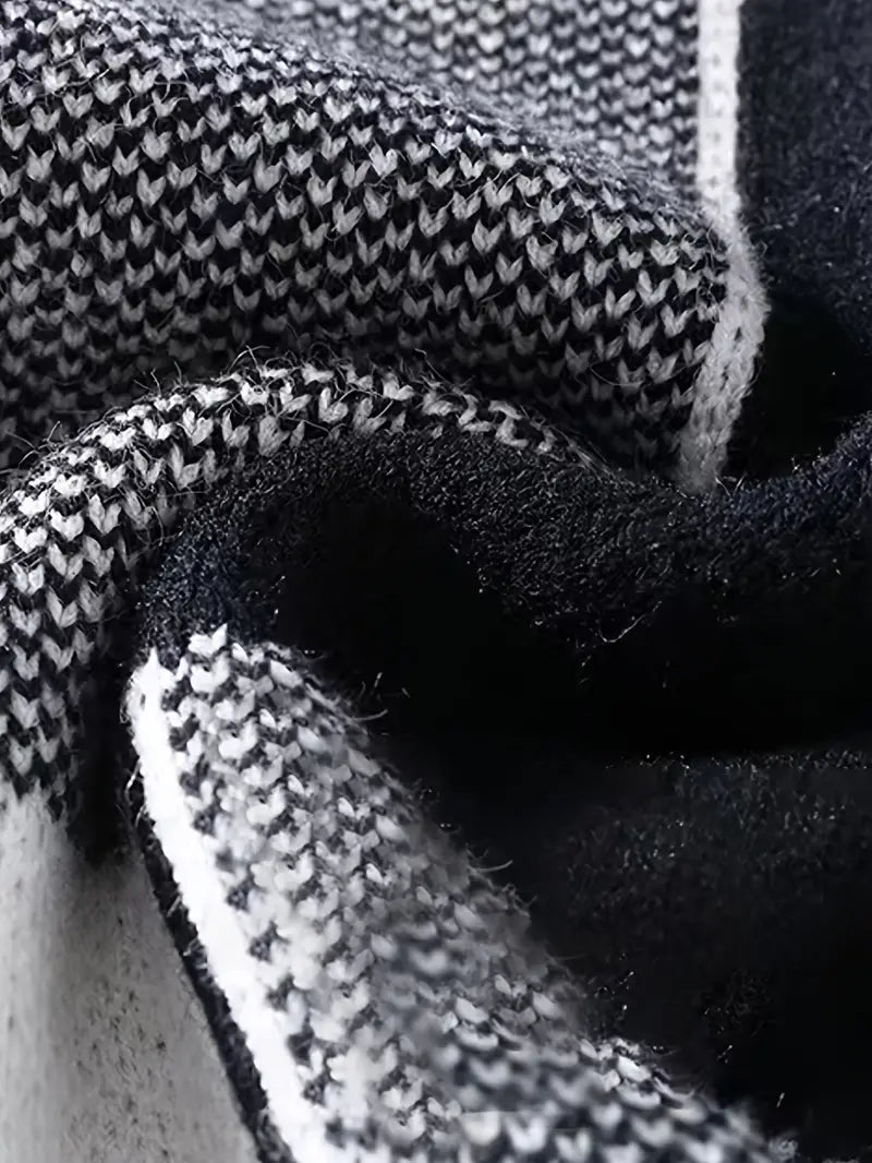 Black & White Geometric Knit Sweater – Color-Block Winter Warm Casual Pullover