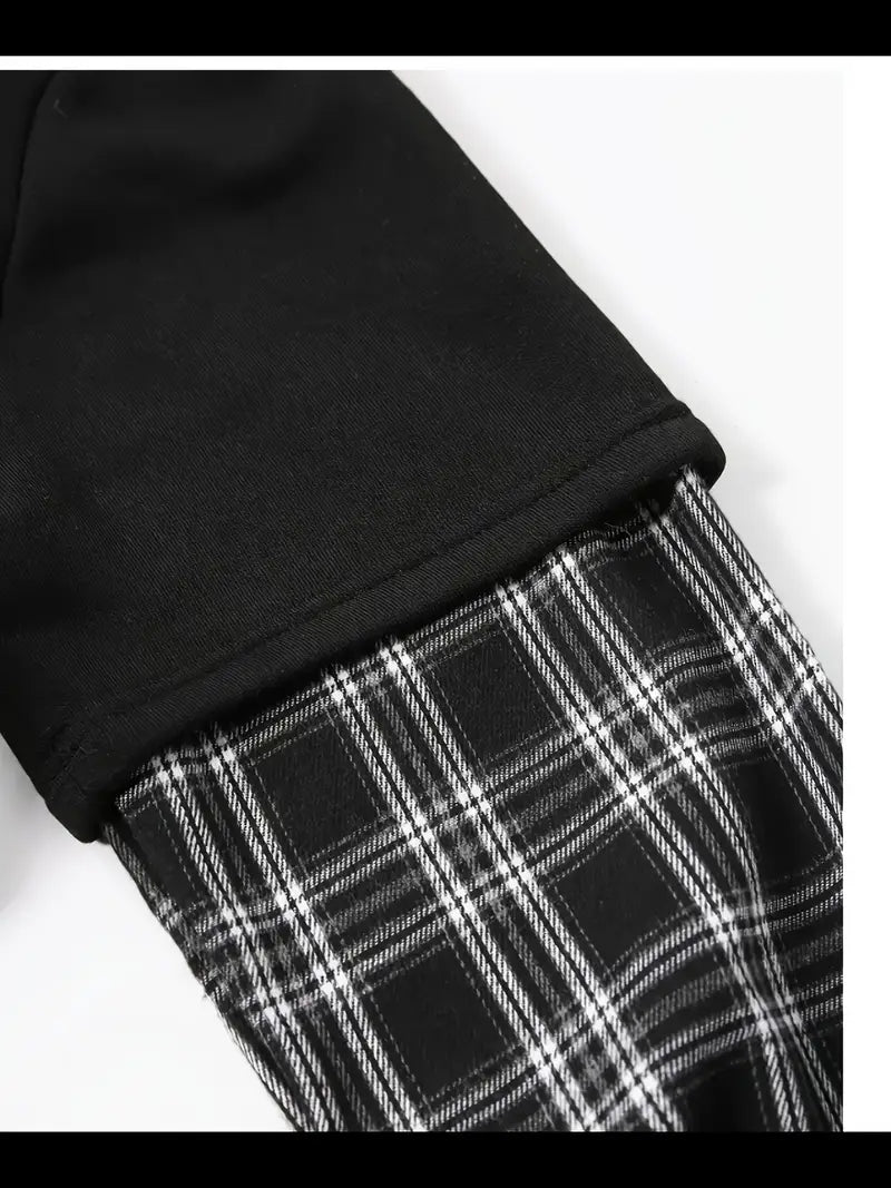 Layered Plaid Sleeve Hoodie – Trendy Streetwear Pullover with Plaid Hood & Pocket
