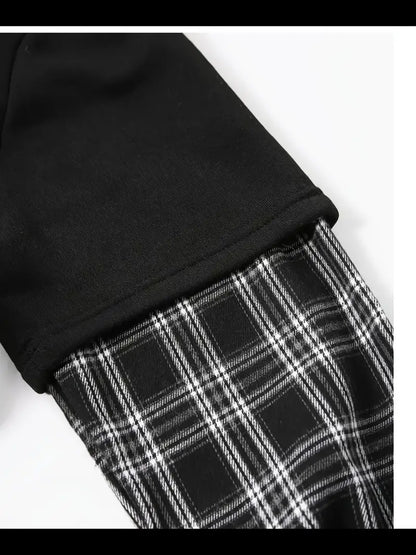 Layered Plaid Sleeve Hoodie – Trendy Streetwear Pullover with Plaid Hood & Pocket