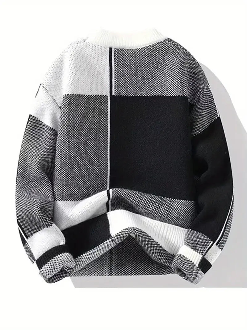 Black & White Geometric Knit Sweater – Color-Block Winter Warm Casual Pullover