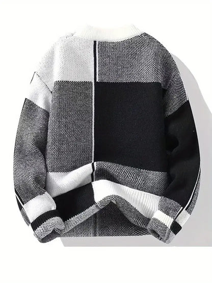 Black & White Geometric Knit Sweater – Color-Block Winter Warm Casual Pullover