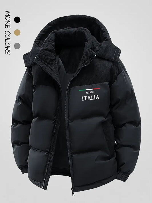 Corduroy Panel Puffer Jacket – Thick Warm Winter Hooded Coat with “Milano Italia” Embroidery